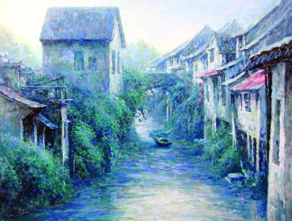 　　蔡萌萌描繪水巷沙溪的油畫寫生作品。
