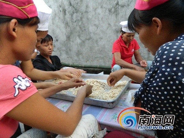 　　湯世強的手工月餅坊，工人們正在手工挑選瓜子仁。(南海網記者 譚邦會 攝)