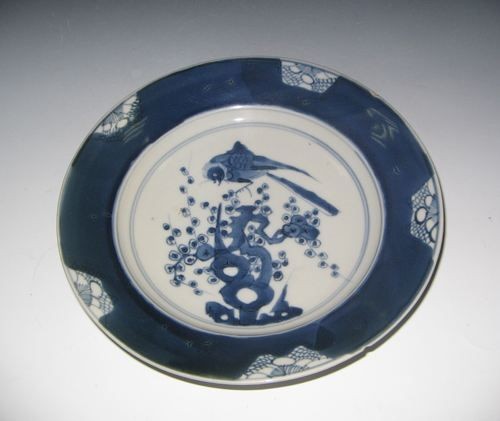 清 青花藍地開光“喜上眉頭”紋盤
