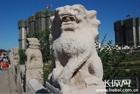 安濟橋上石獅講述著衡水滄桑歷史，安濟橋旁高樓預示著湖城未來